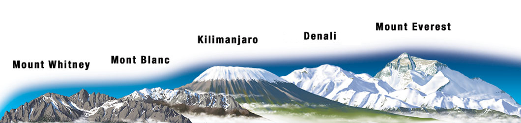 Different mountain illustrations to represent Mount Whitney, Mont Blanc, Kilimanjaro, Denali, and Mount Everest.