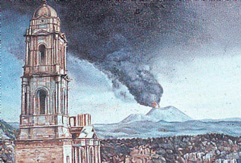 Building with an erupting volcano in the background.