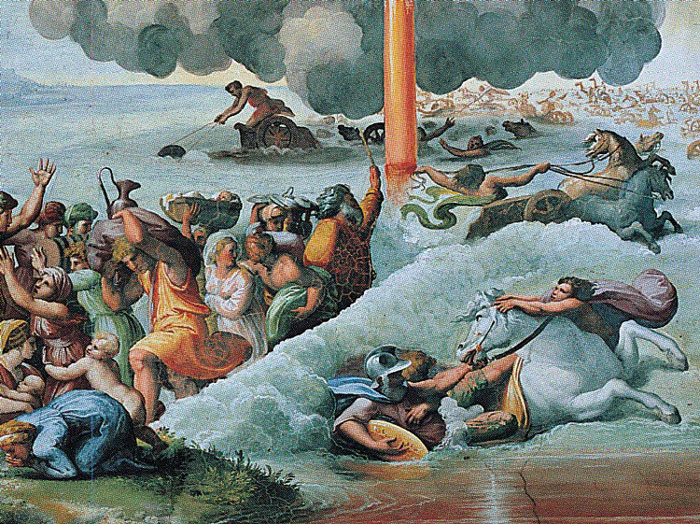 Painting showing a large wave of water with many people in it. 