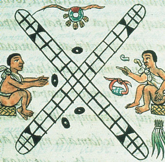 The playing board of a game that has a large X on it and a man sitting on either side of the X playing the game.