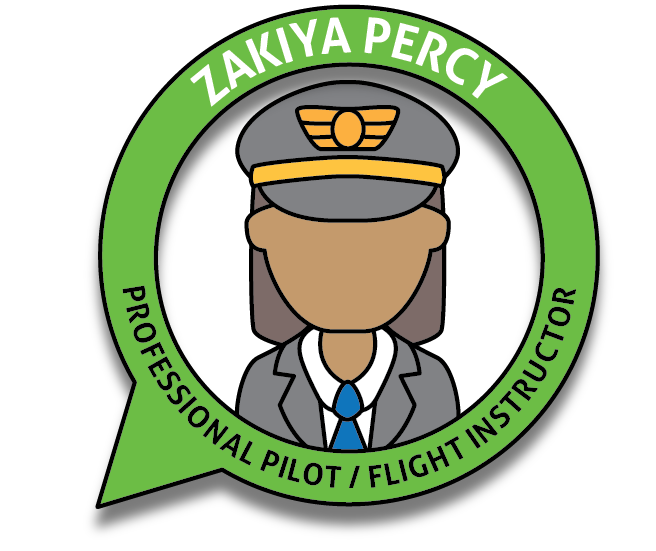 An illustrated badge with a pilot image, naming Zakya Percy, a professional pilot and flight instructor.