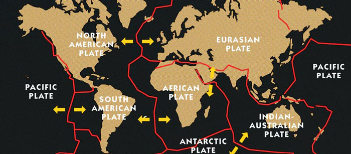 Earth's tectonic plates with arrows indicating plate motion.