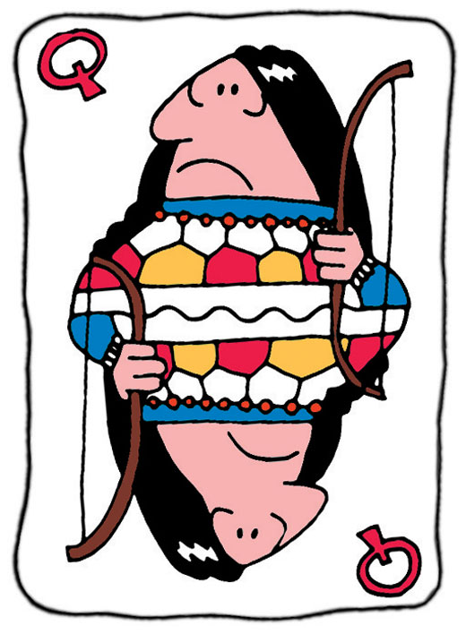 Cartoon of a playing card showing a Native American woman holding a bow.