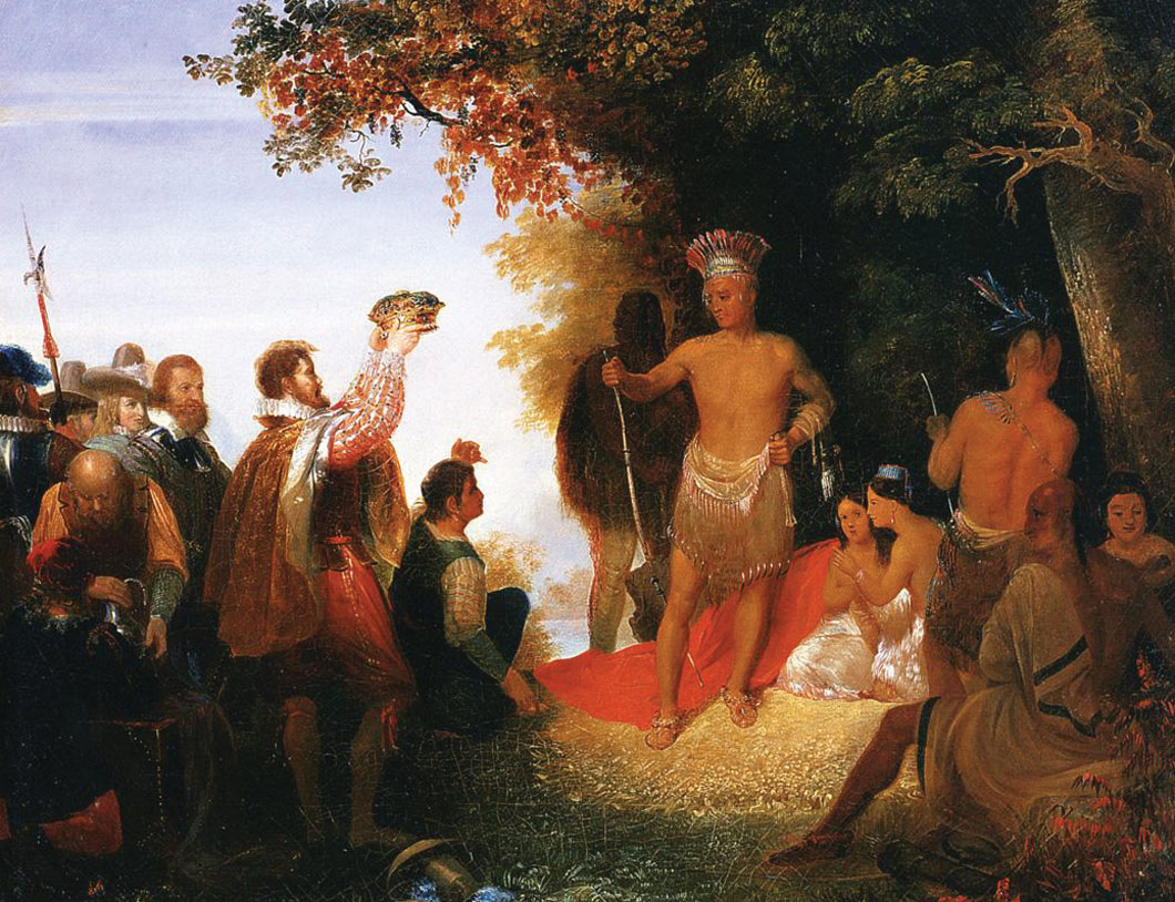 A group of Europeans is shown making an offering to a Native chief.
