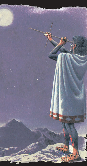 Man using a stick close to his eye to observe the moon.