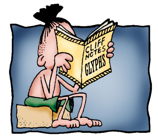 Cartoon of a young boy reading a book with the title Cliff Notes Glyphs.