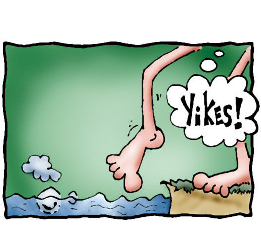 Cartoon of a person's toes trying to dip into very cold water and them saying Yikes.