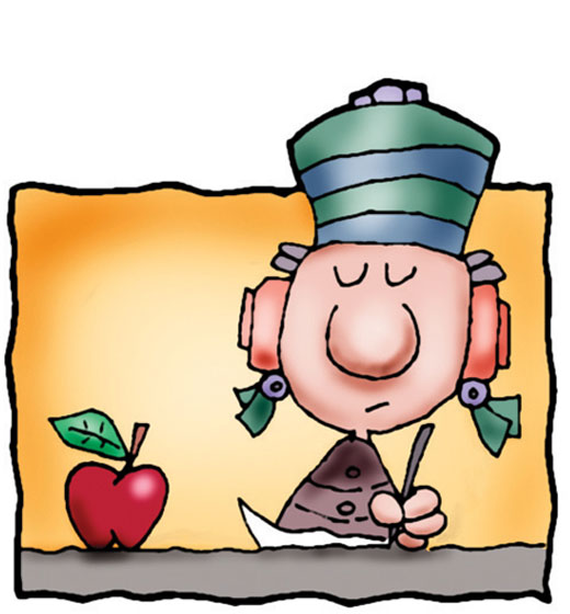 Cartoon of a man in a hat and wearing earings holding a pencil and having an apple on his desk.
