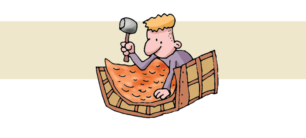 Cartoon of a workman hammering a sheet of copper into the curve of a wooden form with a mallet.