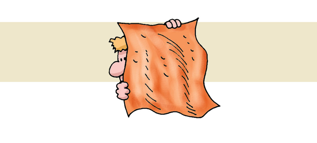 Cartoon of a workman holding a sheet of copper in front of his face.