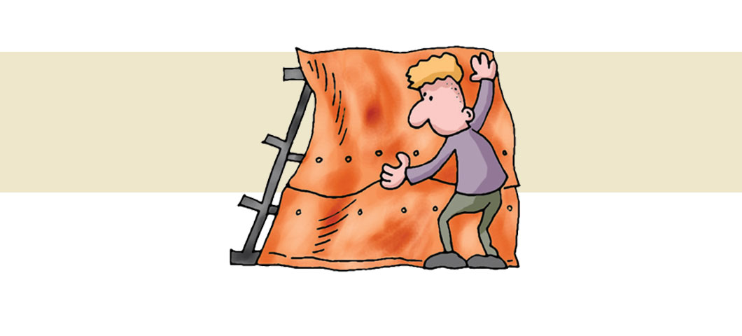 Cartoon of a workman attaching copper sheets together on a steel frame.