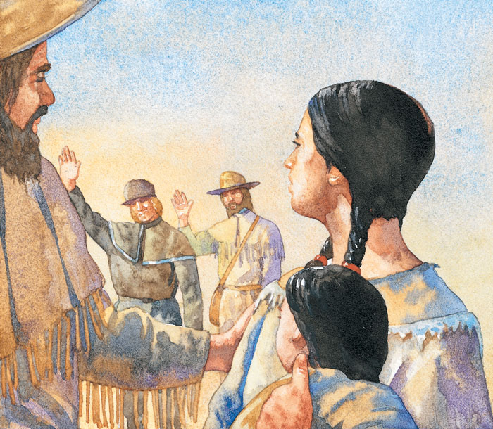 Two explorers waving to another man and a Native American woman holding a baby.