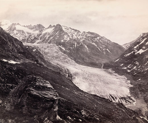 A snow and ice covered mountaintop in the year 1875. 