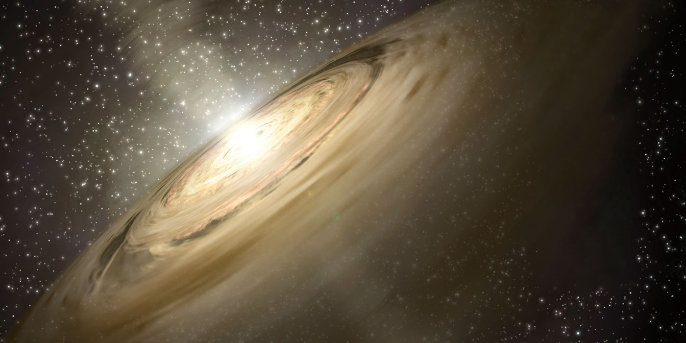 Newborn star in the center of a swirling disk of dust. 