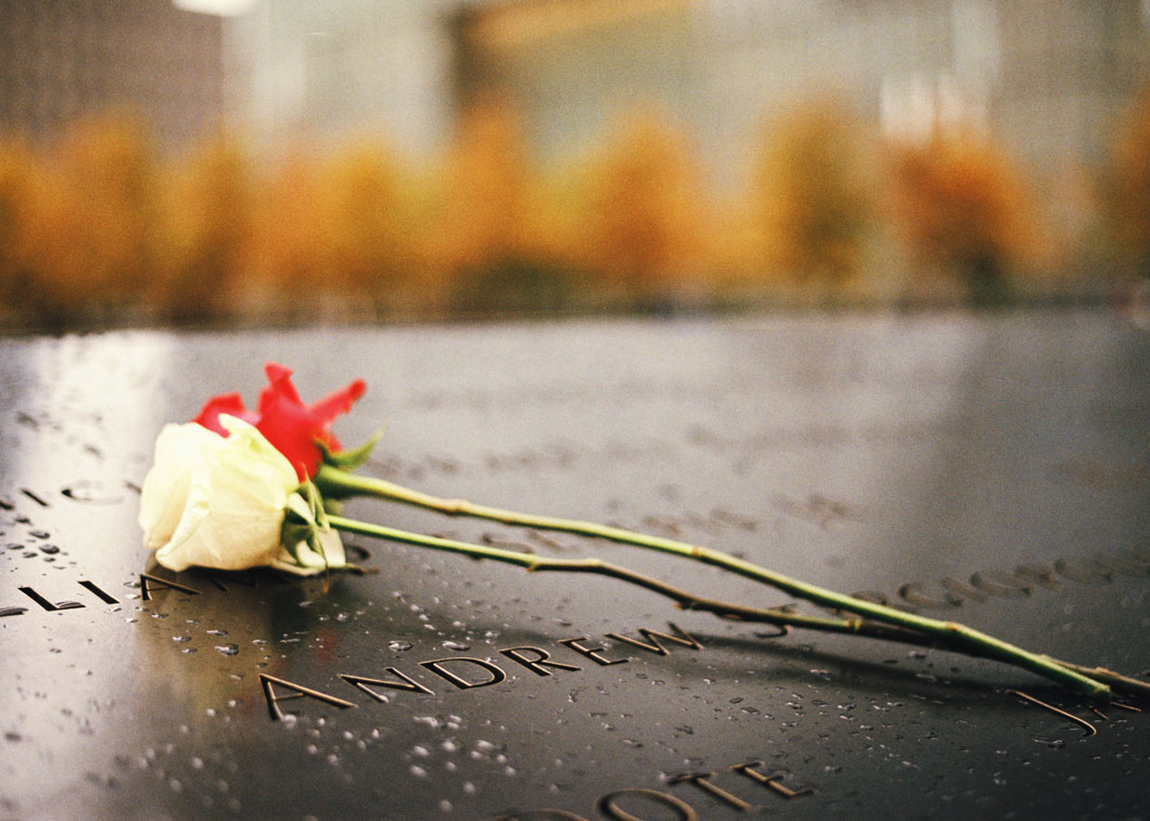 Two roses on the 9 11 Memorial.
