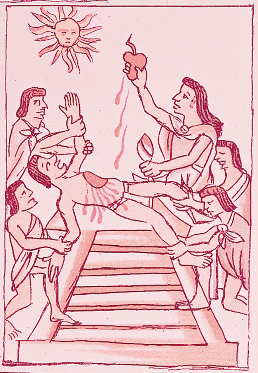 Illustration of a man's heart being pulled out by a priest as other people hold him up.