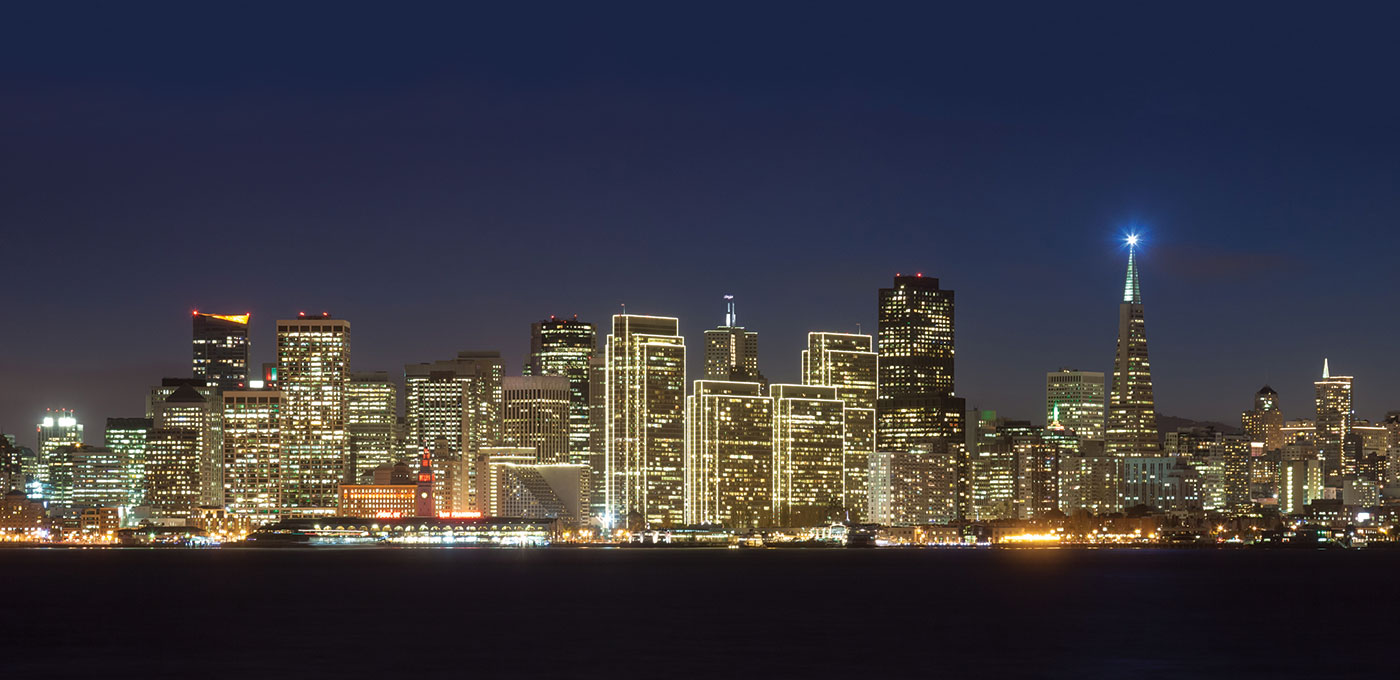 A city skyline at night.