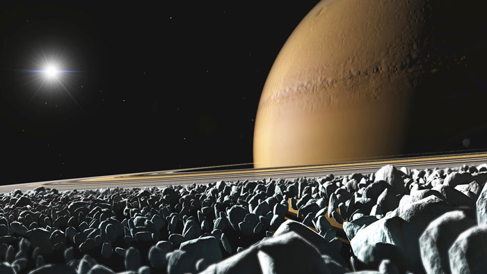 Closeup illustration of the rocks that make up Saturn's rings.