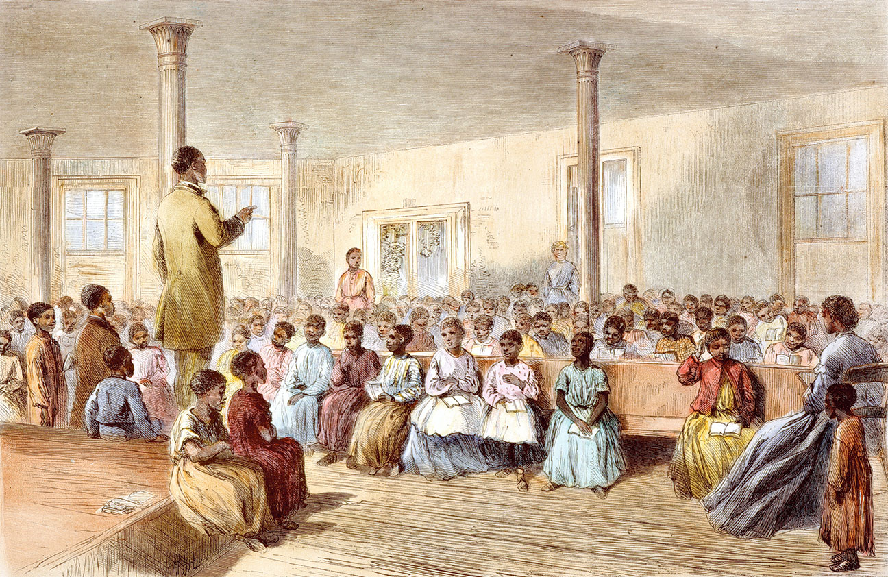 Illustration of freed slaves sitting in a school in South Carolina. 
