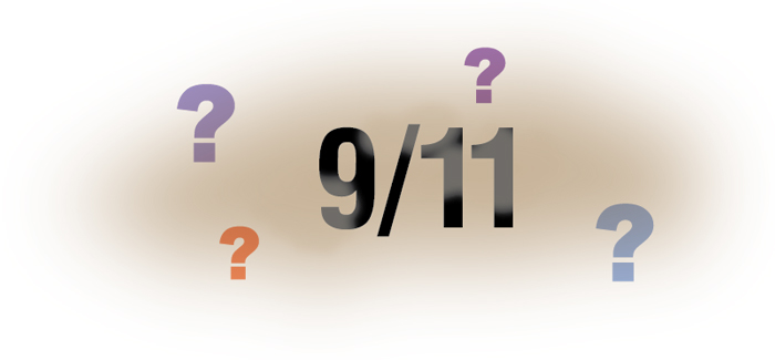 A graphic with 9 11 and question marks. 