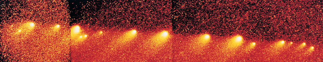 Several views of the destruction of comet Shoemaker-Levy 7 as it circled Jupiter.
