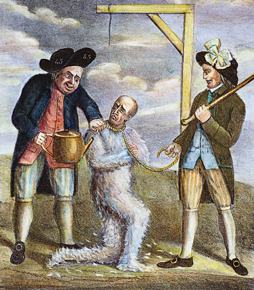 Political cartoon of a British tax collector being tarred and feathered by colonists. 