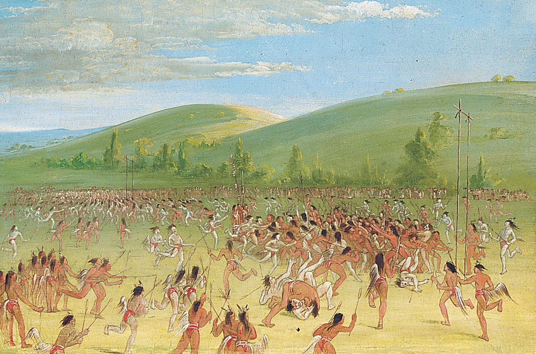Many Native Americans playing stickball.