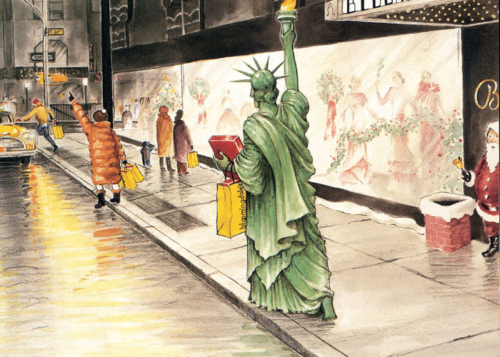 Watercolor by Hudson Talbott reproduced for a holiday card.