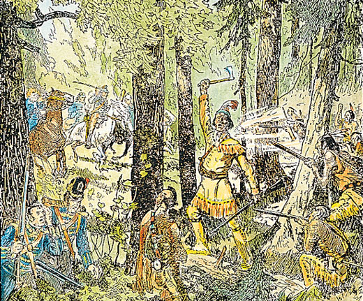 Native American is seen holding up an axe as other natives hold rifles and are on horseback near two colonial soldiers.