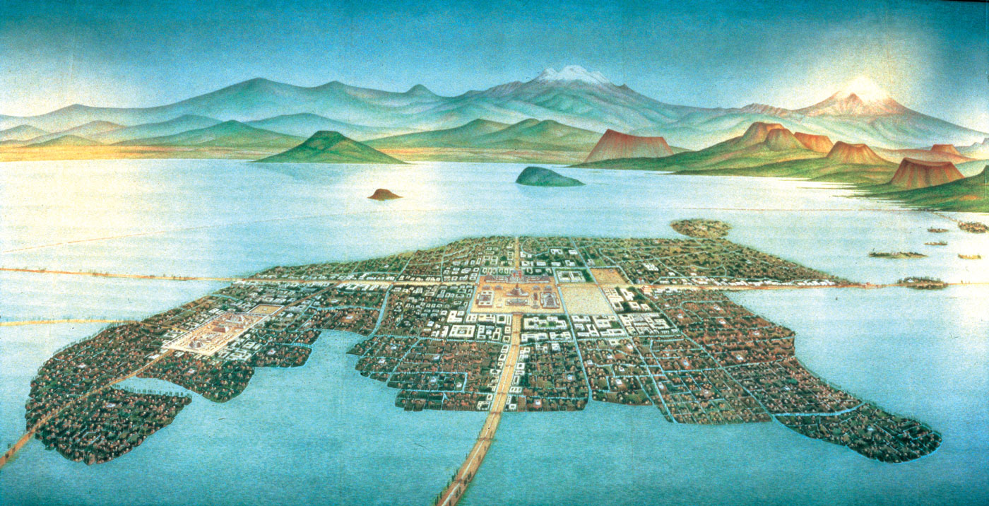 Illustration of Tenochtitlan from above showing the city and water all around it.