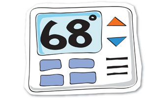Cartoon of a thermostat set at 68 degrees. 