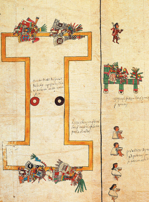 Board game with the board in a shape of an I and pictures of warriors around its perimeter. Other people are drawn outside the I. 
