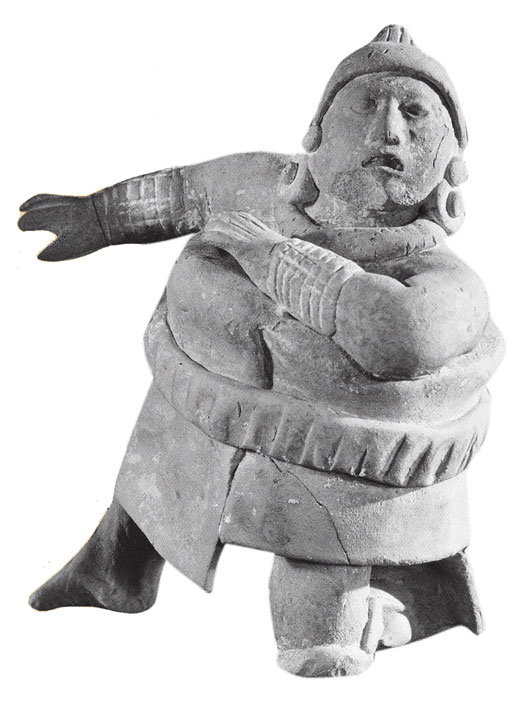 Statue of a man shown wearing lots of padding.
