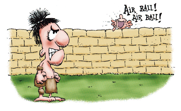 Cartoon of an angry man looking at another man who is on the other side of a brick wall yelling air ball air ball.