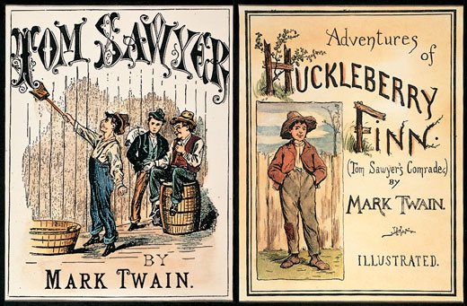 Two book covers for Tom Sawyer and Adventures of Huckleberry Finn.