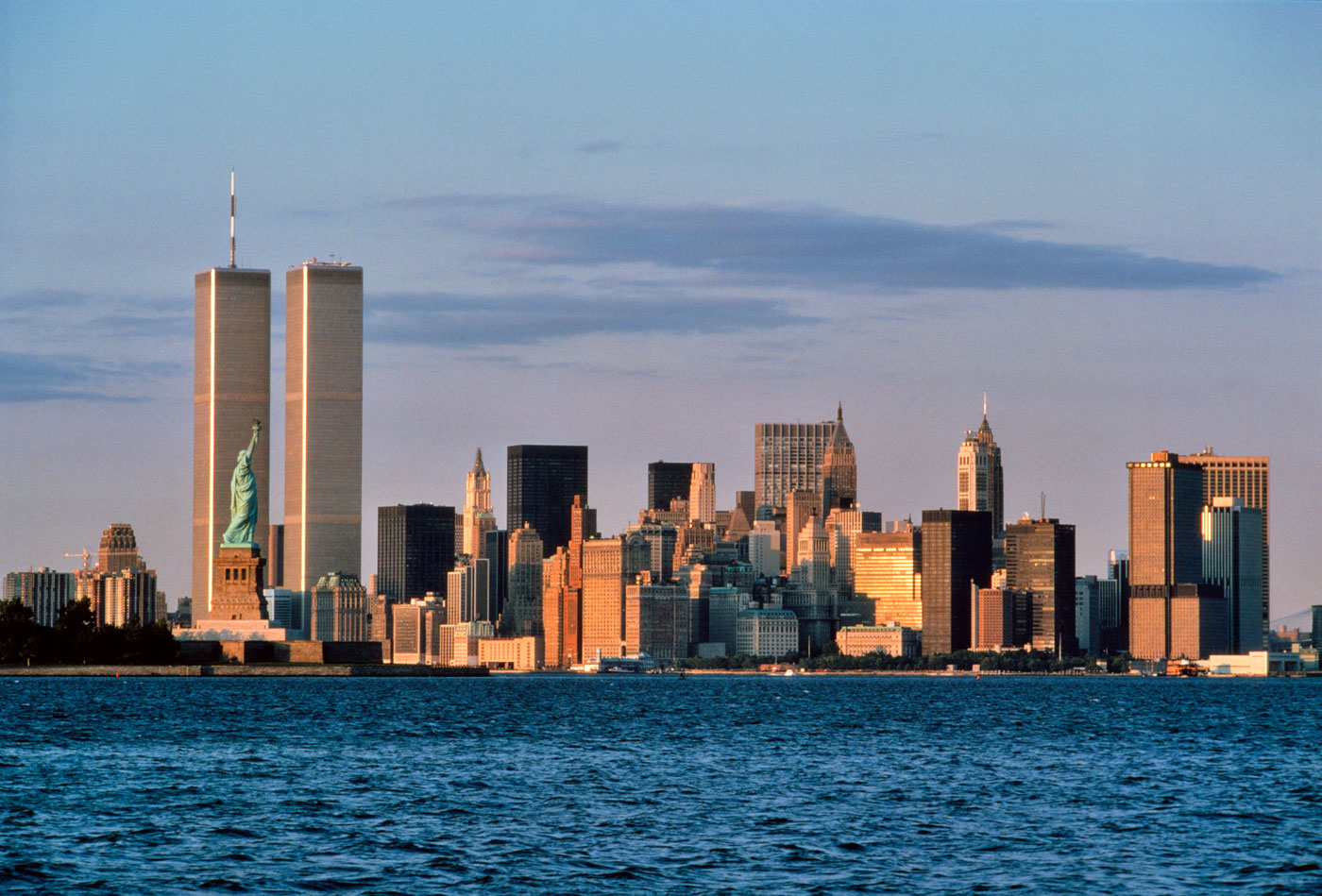 The New York City skyline featuring the Twin Towers.