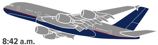 An airplane, with a time stamp of 8:42 a.m.
