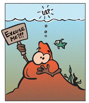 Cartoon of a burping volcano holding a sign that says excuse me.
