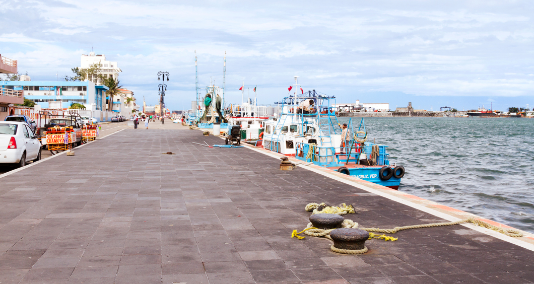 Fishing boats seen against a dock with buildings on the other side.