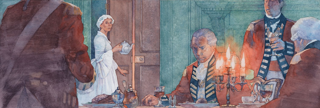 Artist's rendition of British soldiers dining in Rebecca Mott's home.