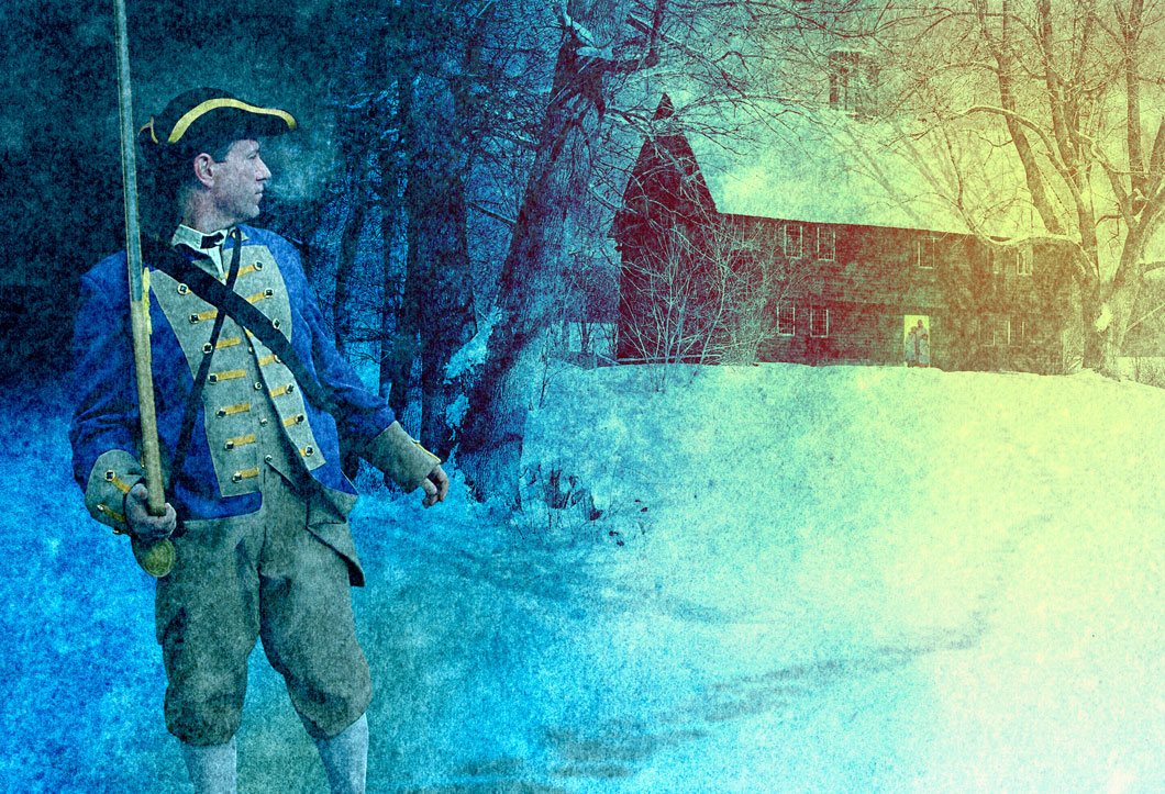 Artist's rendition of a soldier leaving home on a snowy winter night.