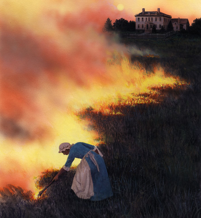 Artist's rendition of Catherine Schulyer setting her field on fire.
