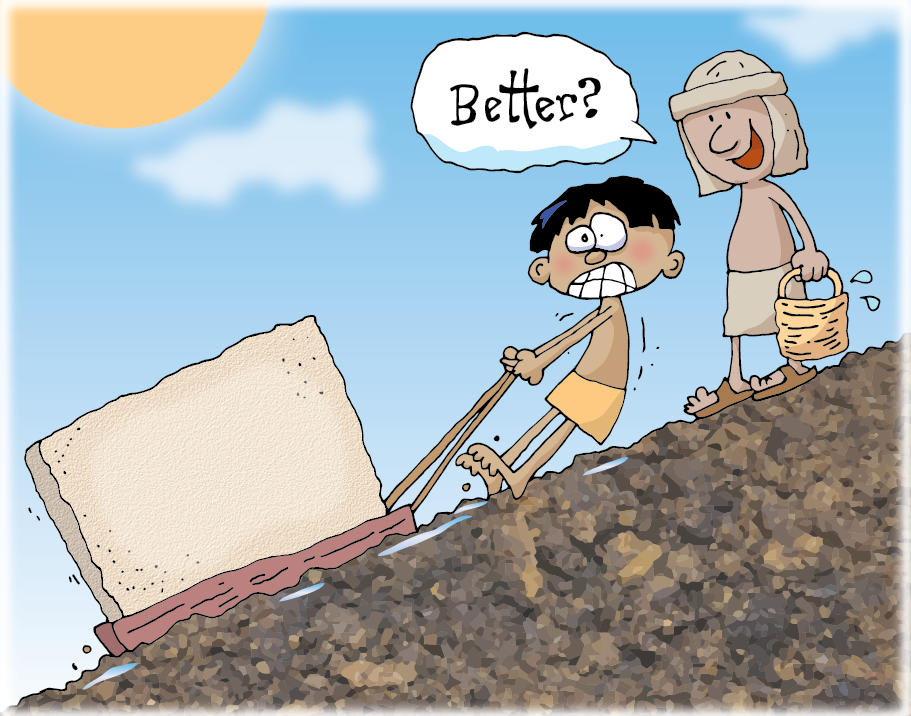 Cartoon of two men working on a pyramid.