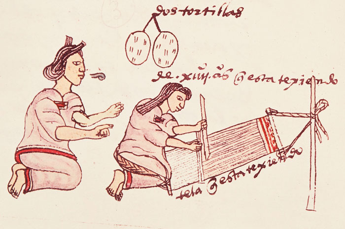 Illustration of an Aztec woman kneeling in front of a loom and another behind her.