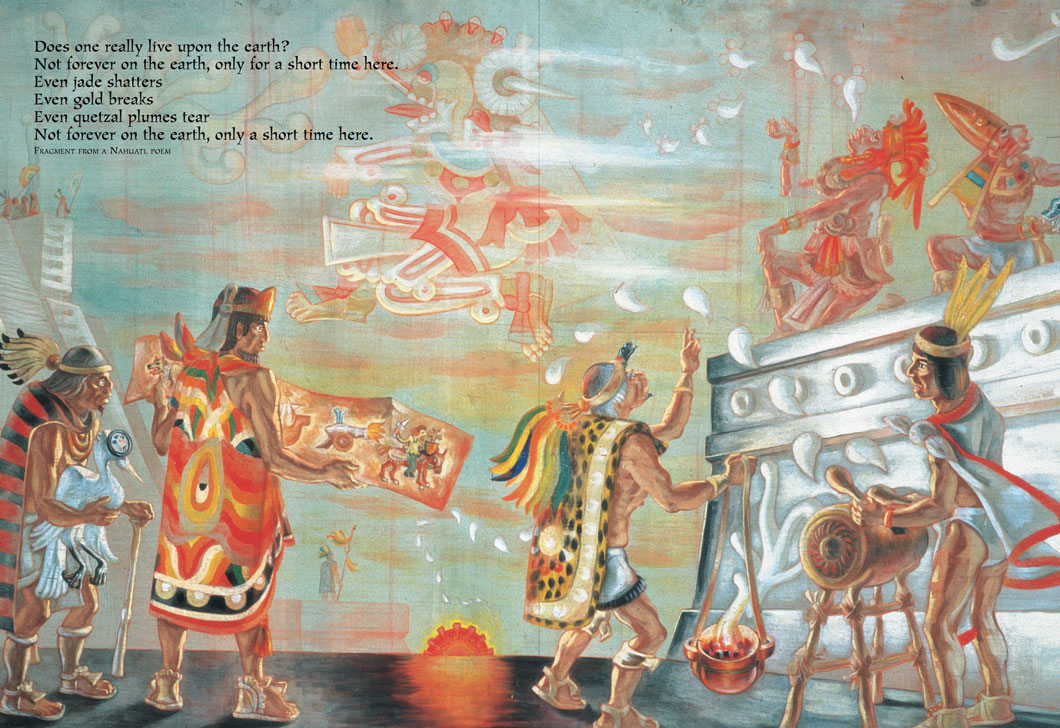 Piece of cloth with a drawing of Aztec priests making offerings to the Gods.