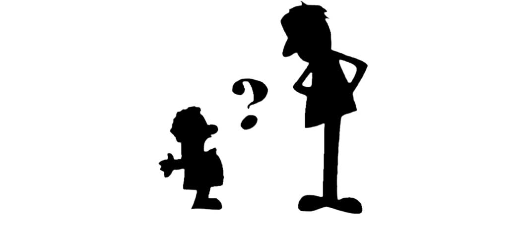 Cartoon of a little boy asking a grown up questions.
