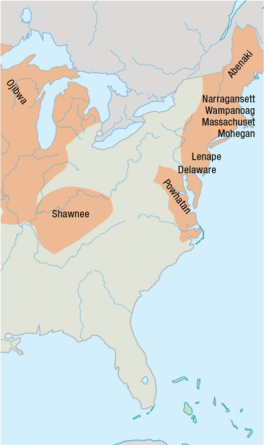 Map of the eastern United States showing the locations of several Algonquian tribes.