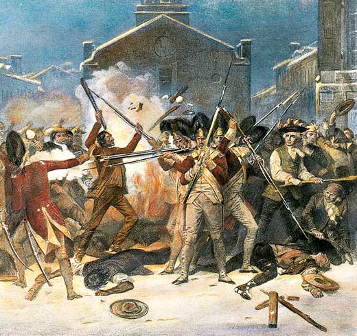 Artist's rendition of British soldiers fire on colonists as colonists use clubs to hit the soldiers.