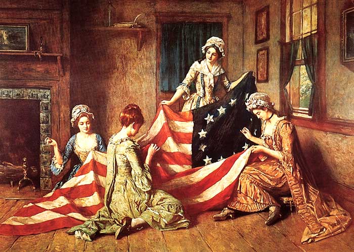 Betsy Ross and three other women sewing the American flag. 
