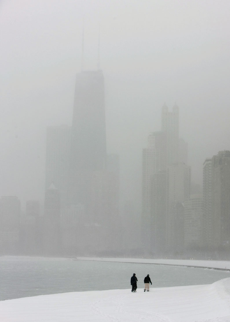 View of the Chicago cityscape on a very foggy day.